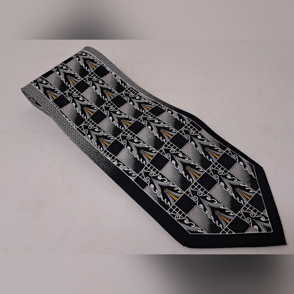 Lou Myles Men's Tie Vintage 70s 80s Art Deco Black Gray Yellow  WIDE 4" x 56"